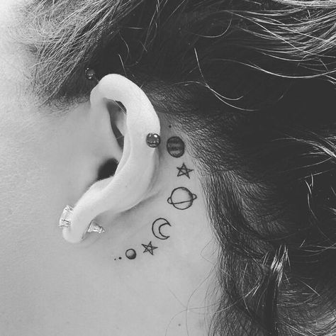 Planets Behind Ear Tattoo, Solar System Behind Ear Tattoo, Subtle Doctor Who Tattoo, Ear Sun Tattoo, Solar System Tattoos, Roman Numeral Date Tattoo, Solar System Tattoo, Lizard Tattoo, Tattoo Salon