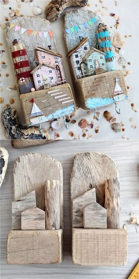 Driftwood Art Diy, Small Wooden House, Summer Mantle, Driftwood Projects, Driftwood Decor, Driftwood Crafts, Outdoor Summer, Beach Crafts, Summer Decorating