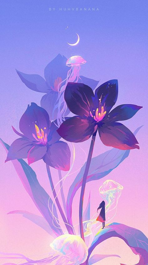 Flower Background Illustration, Purple Illustration Art, Flower Fantasy Art, Purple Aesthetic Art, Fantasy Flowers Art, Dreamy Illustration, Purple Illustration, Purple Anime, Princess Illustration