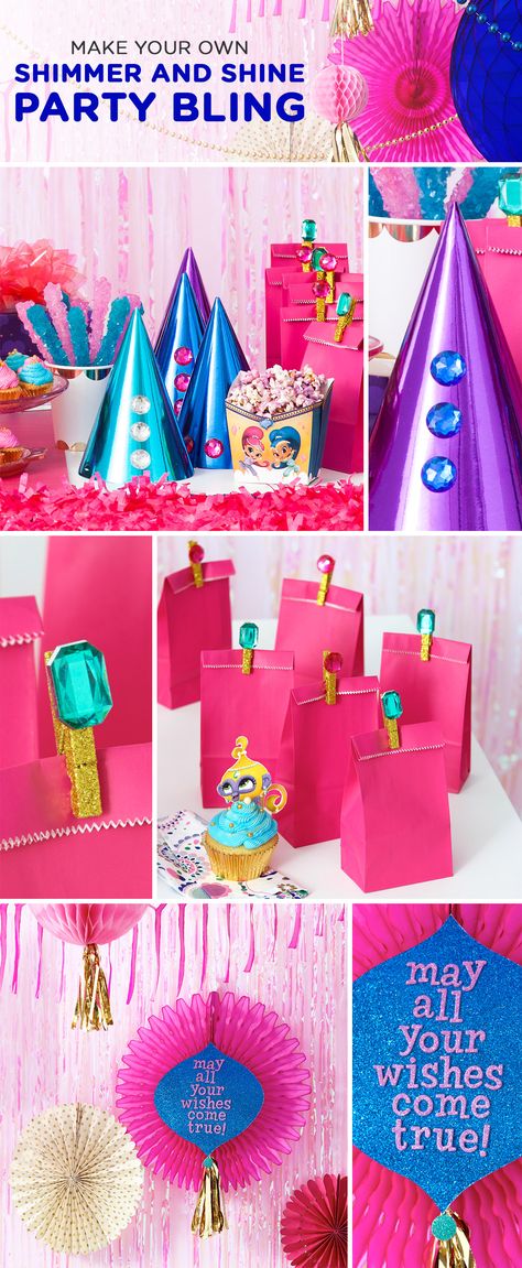 Crystals and gems and jewels, oh my! If you're planning a Shimmer and Shine birthday party for your preschooler, you'll want to be sure to include at least SOME well-placed bling.  Take a look at these DIY bejeweled party hats, goody bag clothespins, and hanging decorations to lend you some inspiration. So easy to make, with so much shimmering, shining payoff! Bejeweled Party, Shimmer And Shine Birthday Party, Shine Birthday Party, Diy Goodie Bags, Shimmer And Shine Birthday, Girl Bday Party, Shimmer Shine, Shimmer And Shine, 6th Birthday Parties