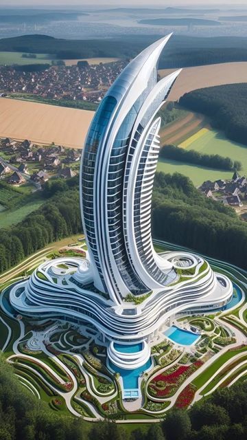 Futuristic Skyscraper Concept, Futuristic Company Building, Futuristic Architecture Skyscrapers, Futuristic Hotel Exterior, Usa Video, Beautiful Paintings Of Nature, Parametric High Rise Building, Modern Architecture Design, Float Your Boat