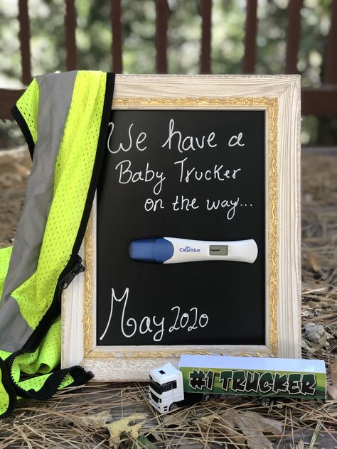 #babyannouncement #chalkboard #truckerbaby #babyannouncementideas Semi Truck Gender Reveal Ideas, Semi Truck Gender Reveal, Trucker Baby Announcement, Country Baby Announcement, Pregnancy Surprise, Aunt Flow, Pregnancy Announcement Pictures, We're Pregnant, Announcement Pictures