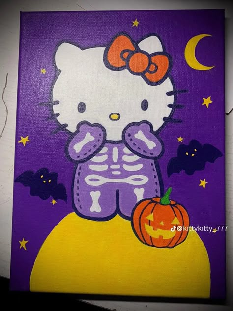 Halloween Painting Hello Kitty, Cute Fall Paintings Aesthetic, Pennywise Painting Easy, Easy Painting Ideas Disney, Fall Halloween Canvas Painting, Begginer Art Ideas, Painting Ideas Halloween Canvas, Cute Spooky Painting Ideas, Cute Halloween Things To Paint