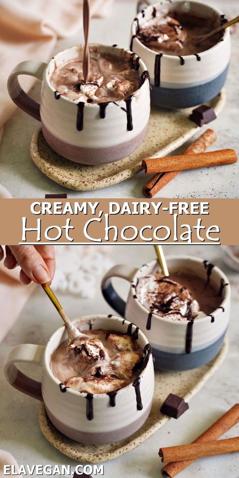 Collage of creamy, dairy-free hot chocolate Lactose Free Hot Chocolate Crockpot, Dairy Free Sugar Free Hot Chocolate, Lactose Free Hot Chocolate Recipes, Gluten Free Dairy Free Hot Chocolate, Dairy Free Crockpot Hot Chocolate, Hot Cocoa With Almond Milk, Healthy Crockpot Hot Chocolate, Non Dairy Hot Chocolate Recipes, Dairy Free Hot Chocolate Crockpot