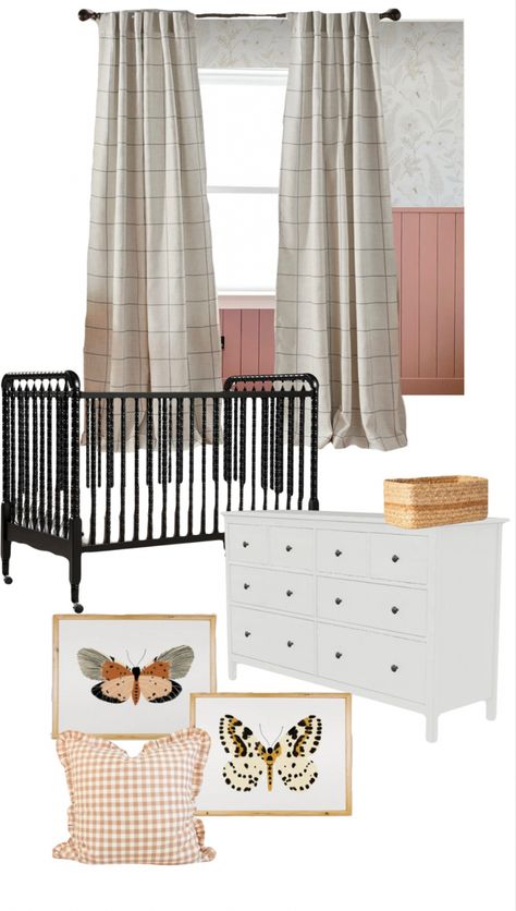 Black Crib White Dresser Nursery, Black Jenny Lind Crib, Girl Nursery Black Crib, White Jenny Lind Crib, Gingham Curtains Nursery, Ikea White Dresser, Black Crib Nursery, Pink And White Gingham Nursery, Pink Gingham Wallpaper Nursery