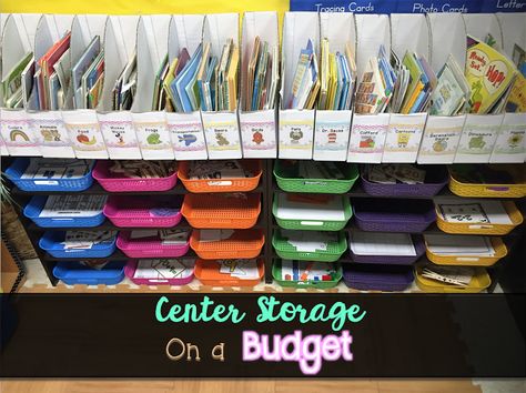 Center Storage ideas on a budget! Centers Storage Classroom, Center Storage Kindergarten, Center Storage Ideas Classroom, Kindergarten Classroom Library, Storage Ideas On A Budget, Letter Centers, Kindergarten Library, Classroom Organization Elementary, Library Organization