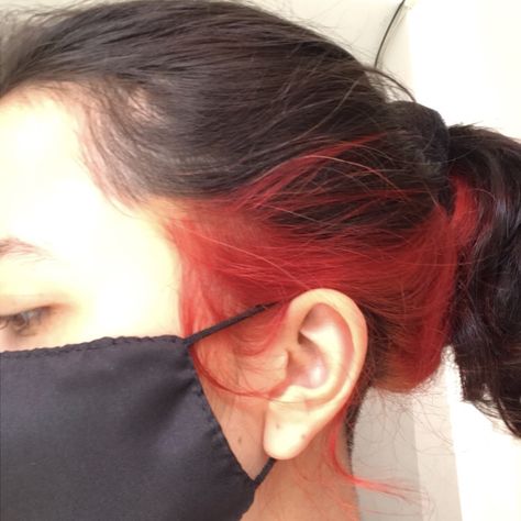 Red Undercut Hair, Underdye Hair Red, Under Dyed Hair Red, Subtle Hair Dye Ideas, Red Underdye Hair Brown, Peekaboo Red Hair, Brown Hair With Red Underneath, Red Underdye Hair, Red Hair Underneath