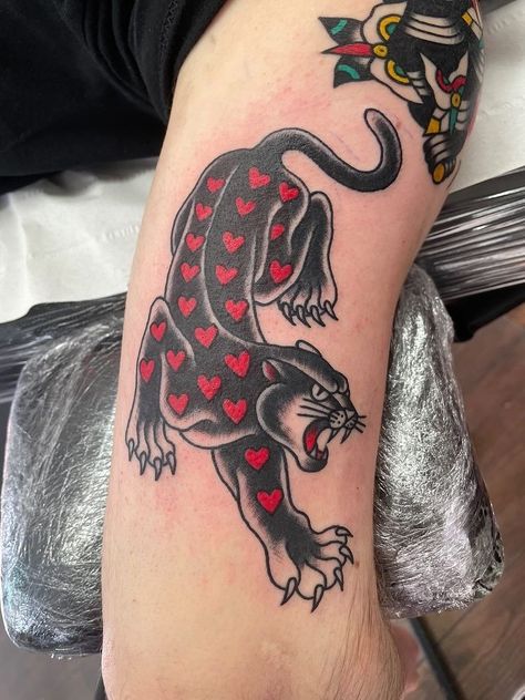 American Traditional Panther, Traditional Thigh Tattoo, Panther Tattoos, Traditional Panther, Traditional Tiger Tattoo, Traditional Panther Tattoo, Traditional Heart Tattoos, Traditional Snake Tattoo, Black Panther Tattoo