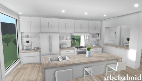 Bloxburg 4x5 Kitchen, Simple Bloxburg Kitchen, Bloxburg Apartment Kitchen Ideas, Cute Kitchen Bloxburg, Clean Girl Bloxburg House, Cute Bloxburg Kitchen Ideas, Bloxburg Apartment Layout Exterior, Small Bloxburg Kitchen, Cocina Bloxburg