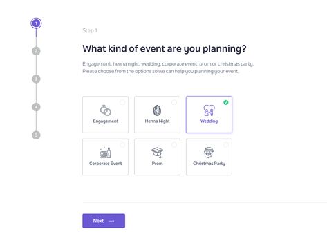 Event Planning Wizard onboarding icon ux landing ui dashboard typography swiss steps simple purple navigation illustration icons forms flat design clean cards Wizard Style, Ux Elements, Form Design Web, Questionnaire Design, Ui Design Mobile, Portal Design, Ui Design Dashboard, App Design Layout, By Walid