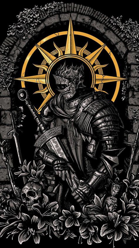 Dark Souls, A Drawing, Black And Gold, Skeleton, A Man, Sun, Black And White, Wall, Gold