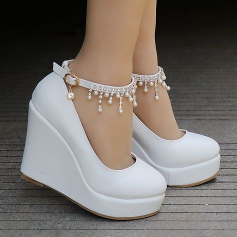 Women Round Toe Pearls Beads Tassel Wedge Heel Platform Pumps - Black / 33 #Women Round Toe Pearls Beads Tassel Wedge Heel Platform Pumps - Black / 33 #party outfit #outfit #dresses #background #wallpaper Kasut Kahwin, Shoe Wedges, Bridal Wedges, Miroslava Duma, Women High Heels, Beaded Ankle, Cute Shoes Heels, Kawaii Shoes, Wedges Shoes