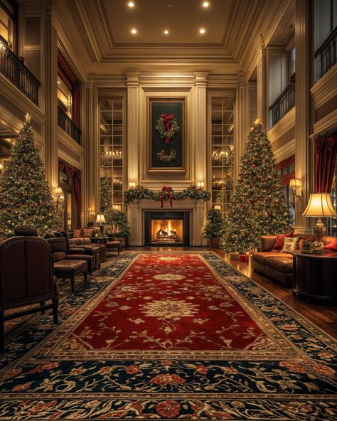 Merry Christmas | A hotel lobby with a warm fireplace and the hotel room 🎄🎄 * * * * * * This image belongs to me. Please credit me for reposting… | Instagram Christmas Hotel Room, Christmas Hotel Decorations, Christmas Hotel Lobby, Hotel Christmas Decor, Hotel Christmas Tree, Christmas Mansion, Christmas Dnd, Christmas Hotel, Themed Hotel Rooms