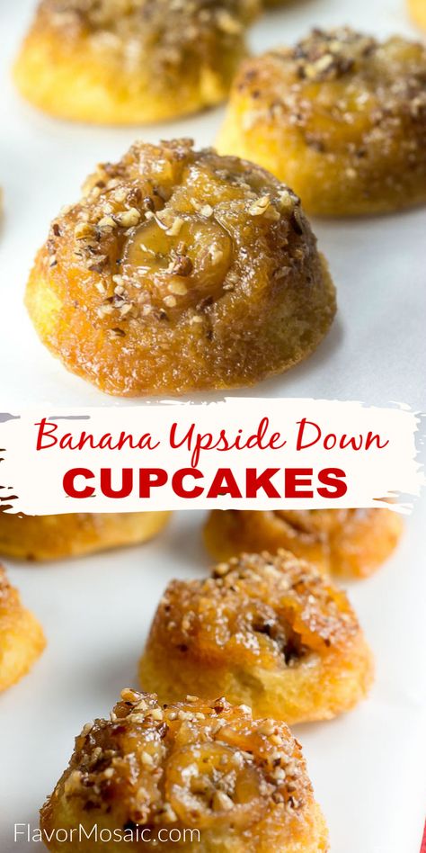 These Banana Upside Down Cupcakes are delicious and easier to make than they look. Pair with ice cream and it is like Bananas Foster in cupcake form. Upside Down Banana Muffins, Banana Foster Cupcakes, Bananas Foster Cupcakes, Banana Foster Upside Down Cake, Upside Down Muffins, Upside Down Cupcakes, Banana Upside Down Cake, Desserts With Few Ingredients, Simple Desserts