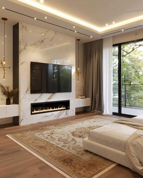 Fireplace Tv Unit Modern, Tile Tv Wall Ideas, Home Entertainment Centers Fireplace, Media Bedroom Ideas, Tv With Fireplace Underneath Bedroom, Tv Wall Next To Fireplace, Fireplace With Big Tv Above, Modern Entertainment Wall With Fireplace, Tv Wall Ideas In Bedroom