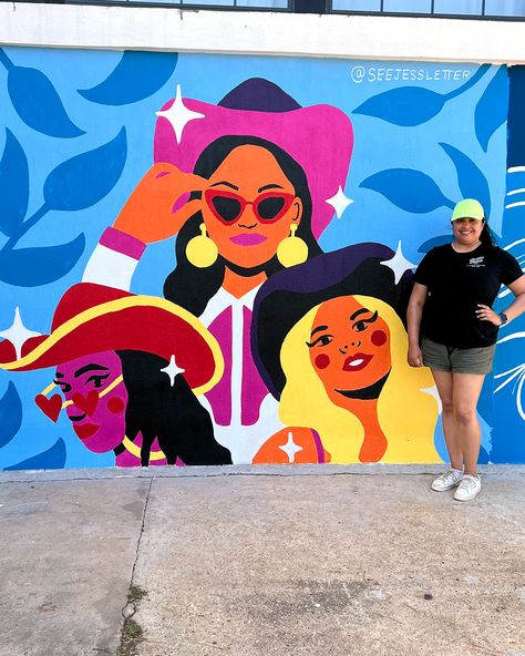 Vibrant and colorful mural of Texas cowgirls on bright blue background. Texas women wearing cowgirl hats and looking glamorous and empowered. Dallas, Texas area mural art. Mural design and painting by artist and illustrator Jessica Molina. Texas Illustration Art, Boutique Mural, Texas Illustration, Dallas Murals, Austin Murals, Bright Blue Background, Mural Inspiration, Texas Boutique, Lettering Illustration