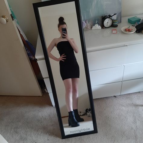 wearing black tube dress with black heeled boots and hair up in a messy bun Black Tube Dress, Black Tube, Black Heel Boots, Tube Dress, Messy Bun, Black Heels, Wearing Black, Up Hairstyles, Heeled Boots