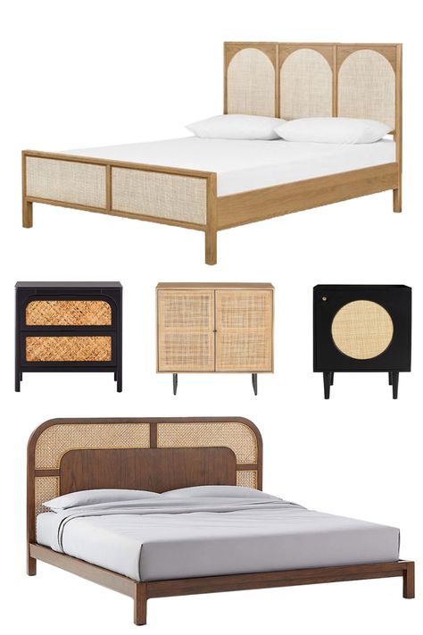 Round up of the best cane furniture for your bedroom - caned headboard and nightstands with caned drawers. Caned Furniture, Hipster Home Decor, Hipster Home, Cane Dining Chairs, Cane Furniture, Table Decor Living Room, Home Design Living Room, Bedroom Headboard, Stylish Bedroom