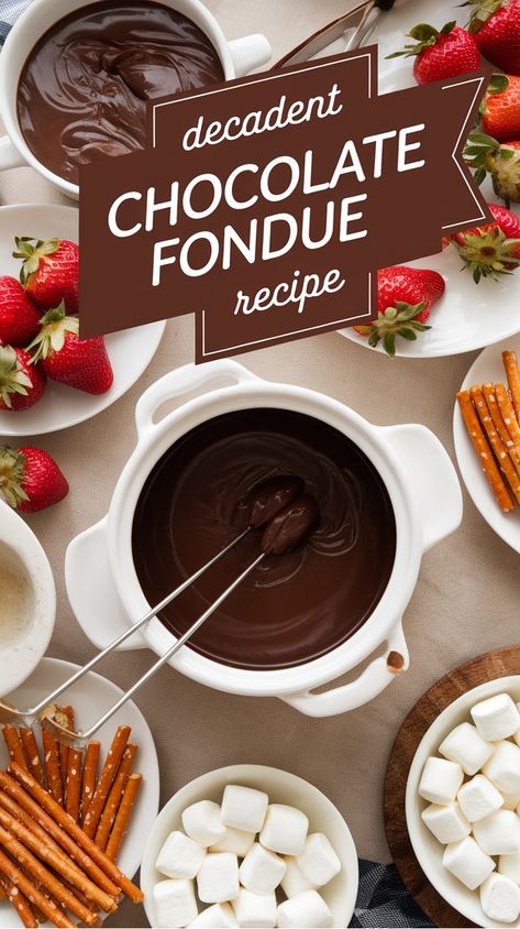 Chocolate fondue with strawberries, pretzels, and marshmallows arranged around a pot. Chocolate Fondue Bar Ideas, How To Make Chocolate Fondue, Fondue Dessert Bar, Copycat Melting Pot Chocolate Fondue, Fondue Sauces Recipes, Best Chocolate Fondue Recipe, Fondue Ideas Chocolate, Fondue Chocolate Recipe, Fondue Recipes Broth