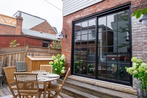 Double Sliding Door with SDL Colonial Grilles | Toronto Sliding French Doors Patio, Dining Designs, Colonial Door, Retractable Wall, Double Sliding Door, Pitched Ceiling, Sliding Doors Exterior, Sliding French Doors, Pool Room