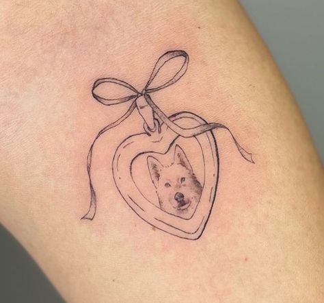 Angel Puppy Tattoo, Tattoos Dogs Ideas, Locket Tattoos Dog, Dainty Pet Tattoos, Dog Locket Tattoo, Tattoo Ideas For Dogs That Have Passed, Pet Tattoos Dog Memorial, Cat Tribute Tattoo, Labrador Tattoo