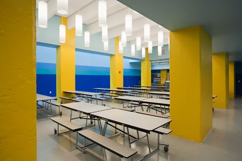 Achievement First Endeavor Middle School by Pentagram School Interiors, Cafeteria Design, Architectural Graphics, Classroom Interior, Pentagram Design, School Hallways, Wall Graphic, School Interior, Hallway Wall