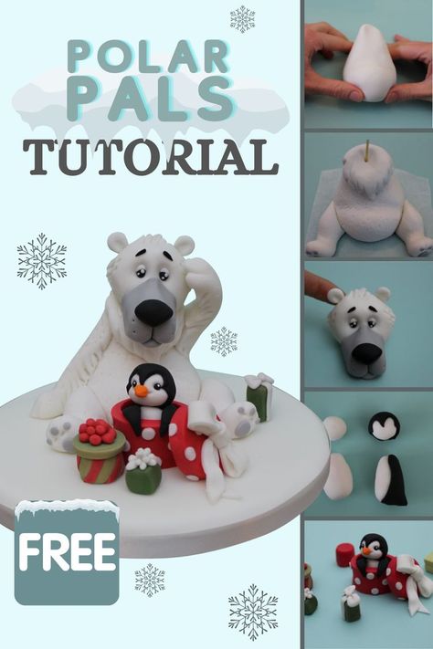 Prepare for the winter season with this FREE Polar Pals tutorial on our website by Zoe's Fancy Cakes Zoes Fancy Cakes, Edible Glue, Christmas Clay, Cocktail Sticks, First Down, Cake Board, Bear Cakes, Gingerbread Houses, Christmas Scene