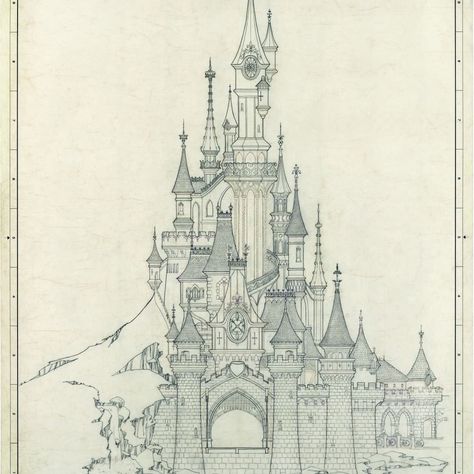 Sleeping Beauty Castle in Disneyland Paris DLP Sleeping Beauty Castle Drawing, Fairy Tale Castle Illustration, Vintage Castle Drawing, Fantasy Castle Illustration, Castel Tattoos, Castle Drawing Sketches, Medieval Castle Drawing, Castles Drawing, Fantasy Castle Drawing