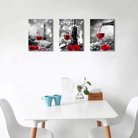 Elevate your kitchen and dining area with the exquisite Wine Decor Kitchen Canvas Art. This artful trio of 12x16-inch canvases effortlessly combines the allure of red wine and delicate roses in a captivating black and white composition, accentuated by a vibrant splash of red. Whether you're a wine enthusiast or seeking sophisticated decor, this art set adds a tasteful charm to your space, making every meal a refined experience. Kitchen Pictures Wall, Rose Painting On Canvas, Kitchen Canvas Art, Decoration Dining Room, Wine Decor Kitchen, Dining Room Restaurant, Kitchen Canvas, Wine Painting, Kitchen Decor Wall Art