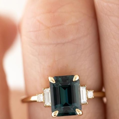 Brianna Trudell on Instagram: "The most teal-y-est sapphire I’ve ever seen. No color zoning, just pure teal goodness.  The Mira Ring - 2.65 CT Emerald Cut Teal Sapphire✨  #rings💍 #sapphireengagementring #engagementring" Dark Teal Engagement Ring, Marquise Teal Sapphire Ring, Oval Teal Sapphire Ring, Teal Sapphire Ring Nodeform, Teal Sapphire Ring, Teal Sapphire, Sapphire Rings, Teal And Gold, Dark Teal