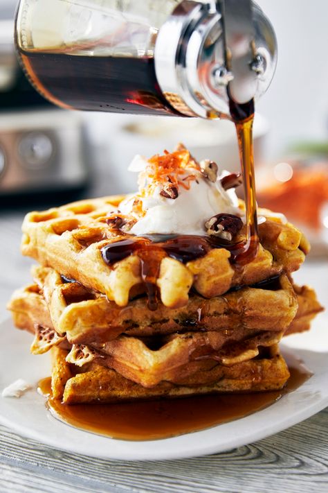 Square Waffles, Carrot Cake Waffles, Cake Waffles, Cream Cheese Topping, Waffle Iron, Toasted Pecans, Breakfast Cake, Waffle Recipes, Waffle Maker