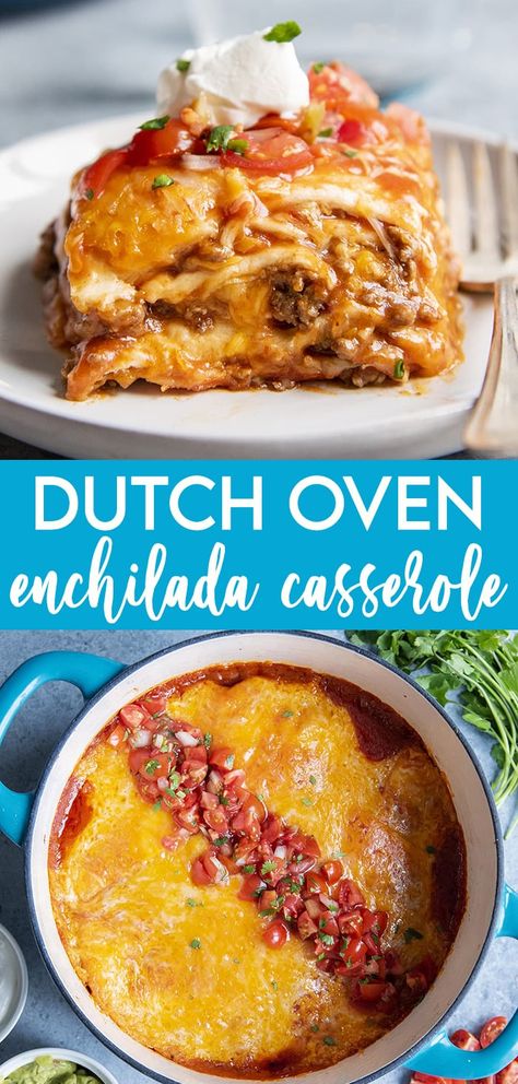 Dutch Oven Enchilada Casserole Dutch Oven Dump Recipes, Best Dutch Oven Recipes Dinners, Dinner In A Dutch Oven, Camping Enchiladas, Dump And Go Oven Recipes, Braiser Pan Recipes, Easy Dutch Oven Meals, Dutch Oven Recipes Baking, Stovetop Dutch Oven Recipes