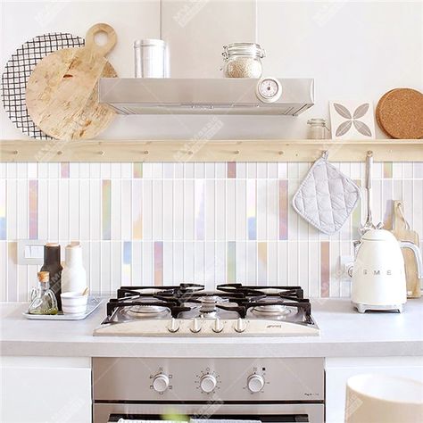 White Cabinet Colorful Backsplash, Multicolor Tile Backsplash, Irridescent Backsplash Tiles, Multicolor Kitchen Backsplash, Unique White Tile Backsplash, Rainbow Backsplash Kitchen, Pastel Backsplash Kitchen, Iridescent Tiles Kitchen, White Kitchen Backsplash Ideas Color