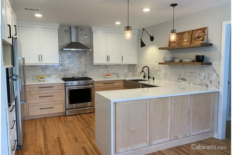 Modern White and Natural Maple Kitchen with Black Hardware - Cabinets.com Natural Maple Kitchen Cabinets, Kitchen With Black Hardware, Cabinets With Crown Molding, Maple Kitchen Cabinets, Free Kitchen Design, Maple Kitchen, Kitchen Planner, Online Kitchen Cabinets, Blue Kitchen Cabinets