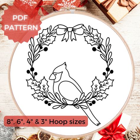 Cardinal Embroidery, Hand Embroidery Christmas, Christmas Wreath Embroidery, Christmas Draw, Embroidery Towels, Cardinal Wreath, Bird Embroidery Pattern, Modern Hand Embroidery, Pdf Embroidery Pattern