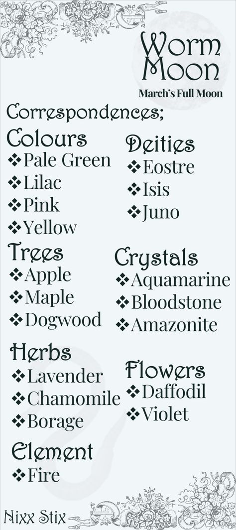 What colours, herbs, crystals, flowers, deities and elements have an affinity with The Worm Moon, March's full moon? Worm Moon Meaning, March Full Moon, Worm Full Moon, Full Worm Moon, Full Moon Correspondences, March Moon, Full Moon Flowers, Full Moon Crystals, Worm Moon Ritual