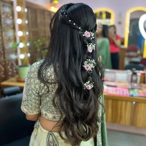 For Order & Inquiry. DM Us +919023153462 . . . #hairstyle #hairinspiration #hairgoals #hairideas #hairtrends #hairfashion #haircolor #haircut #hairstylist #hairdo Haïr Style For Function, Simple Haldi Hairstyle, Sahara Jhumka Hairstyle, Simple Open Hair Hairstyles Indian, Sadi Hairstyles Simple Open Hair, Open Hairstyles For Engagement, Normal Hair Styles For Women, Hairstyles For Functions Indian, Wedding Simple Hairstyles