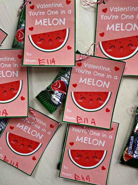 "One in a Melon" Watermelon Valentine Printable (Instant Download). Watermelon Valentines, Sour Straws, Sour Patch Watermelon, Watermelon Candy, Fhe Lessons, Laffy Taffy, Printable Valentines, Valentine Activities, Jolly Rancher