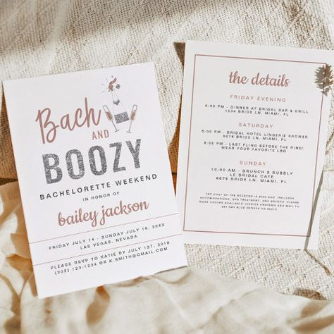 GENNA Rose Gold Glitter Bach and Boozy for $2.45 - Bachelorette Party Invitations Boujee Bachelorette Party, Boujee Bachelorette, Bachelorette Schedule, Bride And Boujee, Rose Gold Bachelorette, Champagne Accessories, Rose Gold Bride, Itinerary Invitation, Gold Bachelorette