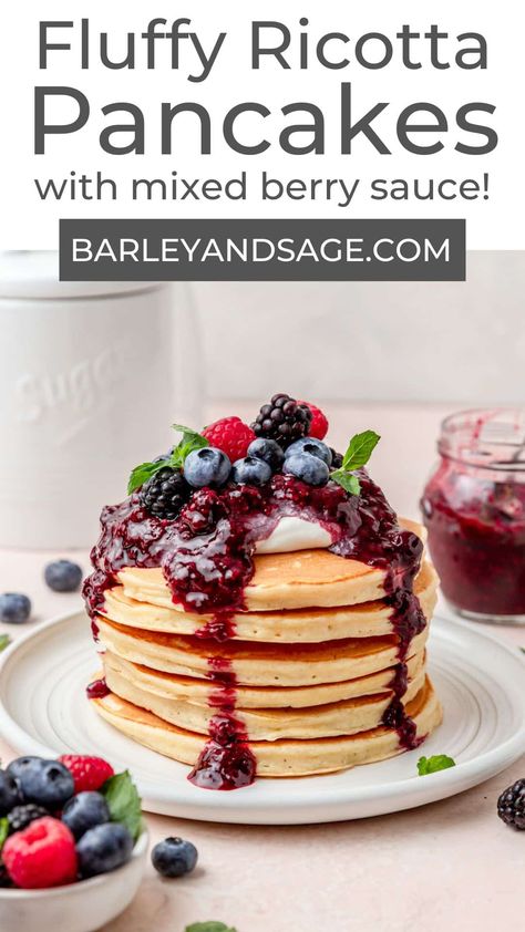 These ricotta pancakes are super light and fluffy with a delicate, creamy taste from the ricotta cheese! Top with whipped cream and mixed berry compote, or eat them plain with butter and maple syrup! The perfect easy breakfast treat! Mixed Berry Compote, Super Fluffy Pancakes, Summer Corn Chowder, Easy Breakfast Treats, Lemon Ricotta Pancakes, Ricotta Pancakes, Berry Sauce, Berry Compote, Lemon Ricotta