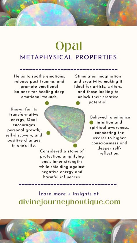 Did you know Opal is known for its powerful metaphysical properties? This radiant stone promotes emotional healing, enhances creativity, and supports personal transformation. Opal is also connected to the Heart and Crown chakras, helping you balance emotions and open up to higher spiritual realms. From Ethiopian Opal to Black Opal, each type holds unique spiritual gifts. Opal Metaphysical Properties, Violet Flame Opal Meaning, Opal Spiritual Meaning, White Opal Meaning, Opal Gemstone Meaning, Black Opal Meaning, Opal Meaning Healing Crystals, Opal Symbolism, Opal Crystal Meaning