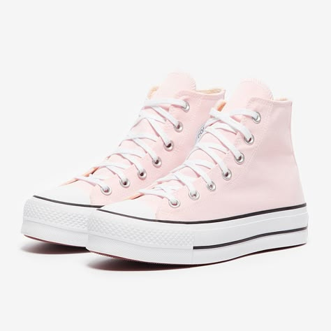 Express yourself in the Converse Womens Chuck Taylor All Star Lift Platform Seasonal Colour in Decade PinkWhiteBlack, the hightop trainer sporting soft, springtime tones that get you ready for summer. The Converse Womens Chuck Taylor All Star Lift Platform Seasonal Colour sports a lightweight and breathable canvas upper, with an OrthoLite midsole underfoot ensuring comfortable cushioning with every stride. Its stacked rubber sole provides you with durable traction on a variety of surfaces, while Light Pink Converse Platform, Converse Pink Platform, Light Pink Platform Converse, Pastel Pink Converse, Cute Shoes Aesthetic, Pink Hightop Converse, Pink Platform Converse, Pastel Converse, All Star Aesthetic