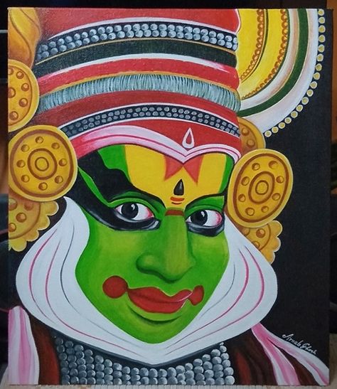 Acrylic painting on canvas Painting Ideas On A3 Sheet, Kadhakali Paintings, Kathakali Painting Acrylic, Kathakali Face Drawing, Yakshagana Painting, Kathakali Painting, Kathakali Face, Rajasthani Painting, Lotus Flower Art