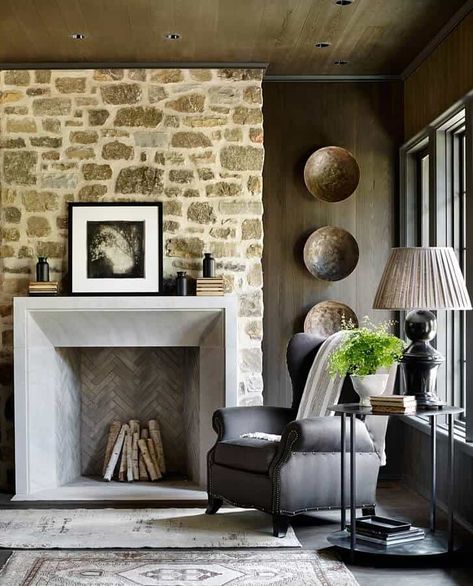 My inspiration for the faux cast stone fireplace in our living room. Image from Style Blueprint. Solid limestone fireplace in a bucolic setting. Mountain Cabin Living Room, Cabin Addition, Farmhouse Fireplace Ideas, Rustic Farmhouse Fireplace, Rustic Transitional, Brian Head, Cabin Living Room, Farmhouse Fireplace, Cabin Living