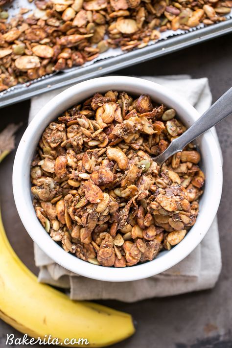 This Banana Almond Butter Grain Free Granola is a crunchy   filling snack, made without any grains or refined sugars! It makes the perfect yogurt or smoothie bowl topping, or just grab a handful to hold you over until your next meal. Banana Quick Bread, Quick Snack Recipes, Banana Almond Butter, Smoothie Bowl Toppings, Breakfast And Lunch Ideas, Banana Granola, Crusted Chicken Tenders, French Toast Ingredients, College Recipes