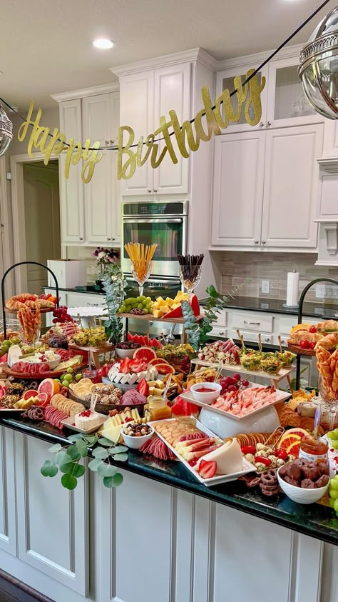 Charcuterie Board Counter Display, Raised Charcuterie Board, Snack Table Set Up, Brunch Ideas Set Up, Kitchen Island Party Set Up, Kitchen Island Charcuterie Board, Countertop Charcuterie Spread, Christmas Food Set Up, Charcuterie Countertop