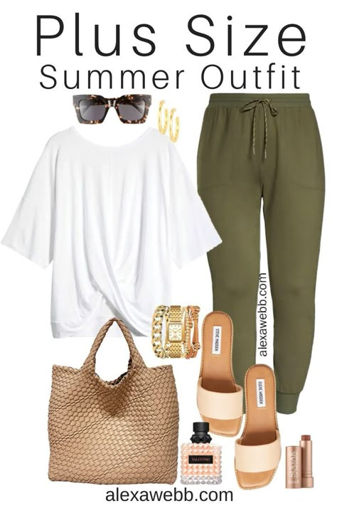 Plus Size Summer Jeans Outfit, Casual Comfy Spring Outfits, Plus Size Relaxed Outfits, Plus Size California Outfits, Green Joggers Outfit Summer, Plus Size Lounge Wear Outfit Summer, Plus Size Outfits For Jamaica Vacation, Comfy Casual Summer Outfits Plus Size, Plus Joggers Outfit