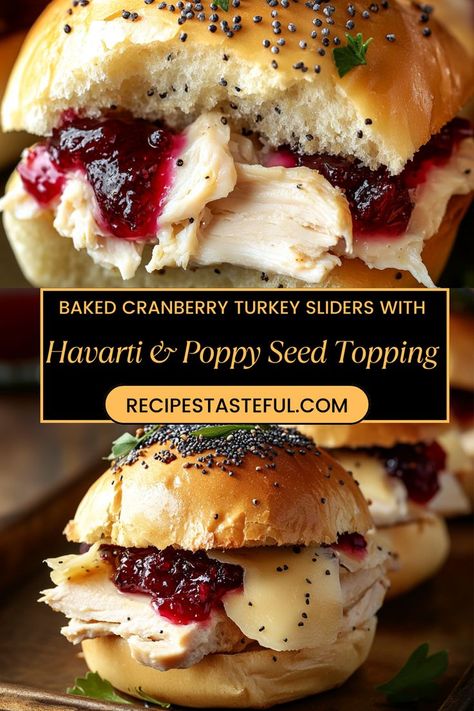 These delightful Baked Cranberry Turkey Sliders are perfect for any gathering. Layered with deli turkey, cranberry sauce, and Havarti cheese, topped with a savory butter mixture and poppy seeds, they are a crowd-pleaser that’s quick and easy to prepare! Turkey Havarti Sliders On Hawaiian Rolls, Baked Cranberry Turkey Sliders With Havarti & Poppy Seed Topping, Fall Cranberry Recipes, Baked Turkey And Cranberry Sliders With Havarti, Baked Turkey Cranberry Sliders, Turkey Buffet Ideas, Christmas Turkey Sandwich, Turkey Cranberry Brie Sliders, Turkey And Dressing Sliders