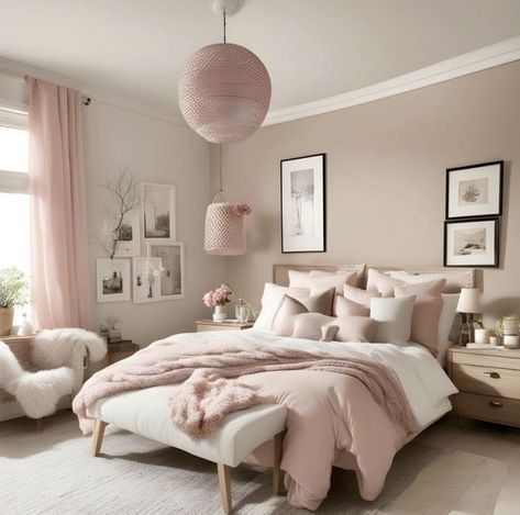 Beige And Rose Gold Bedroom, Pink Grey And Beige Bedroom, Dusty Rose And White Bedroom, Neutral Room With Pink Accents, Modern Pastel Living Room, Female Bedroom Ideas Classy, Room Decore Idea, Minimalist Bedroom Pink, Neutral Pink Bedroom