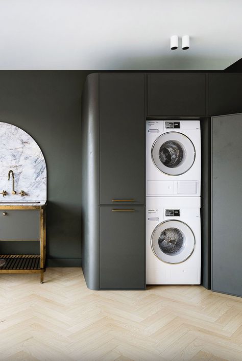 Laundry Powder Room, Khaki Interior, White Shelving Unit, Perfect Laundry Room, Laundry Room Paint Color, Laundry Room Paint, Laundry Room Decorating, Blue Laundry Rooms, White Laundry Rooms